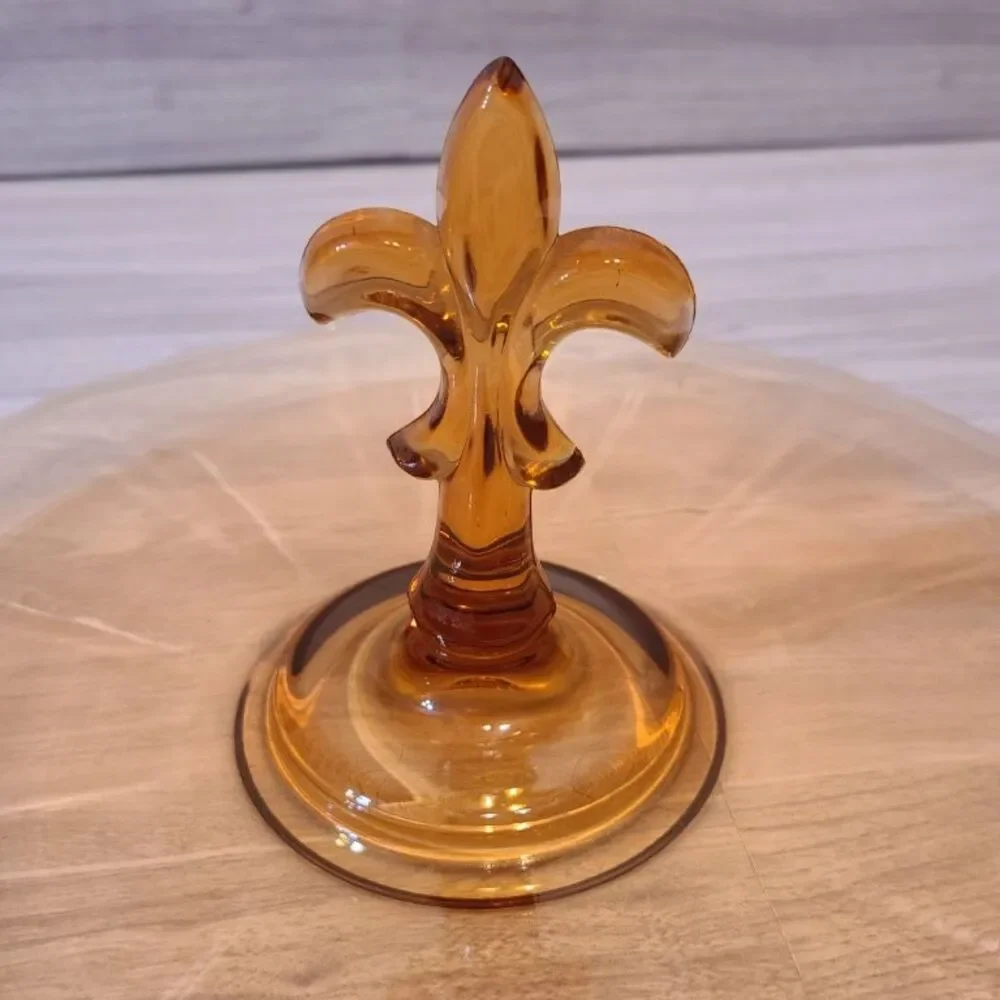 Vintage Amber Depression Glass Handled Tidbit Plate Fleur De Lis 7.5